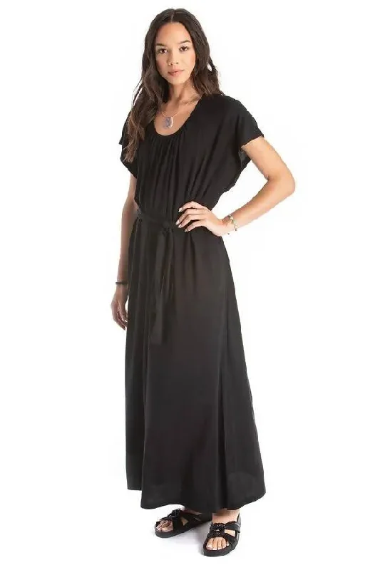 belted long dress - black Tunics Distressed trendy