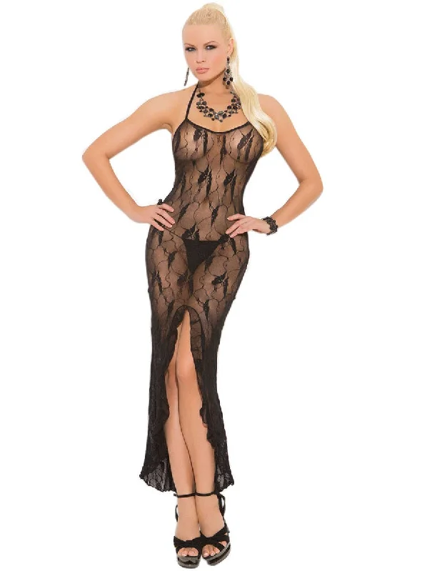 Sheer Black Sexy Womens Long Lace Dress Tunics Lace romantic