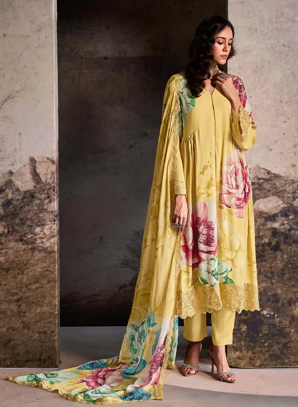 Kimora Pure Muslin Yellow Unstitched Suit Dress Material with Embroidery Tunics Sale discount