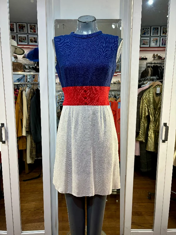 60’s Red White And Blue Color block Non Sleeve Dress Tunics Polka dots