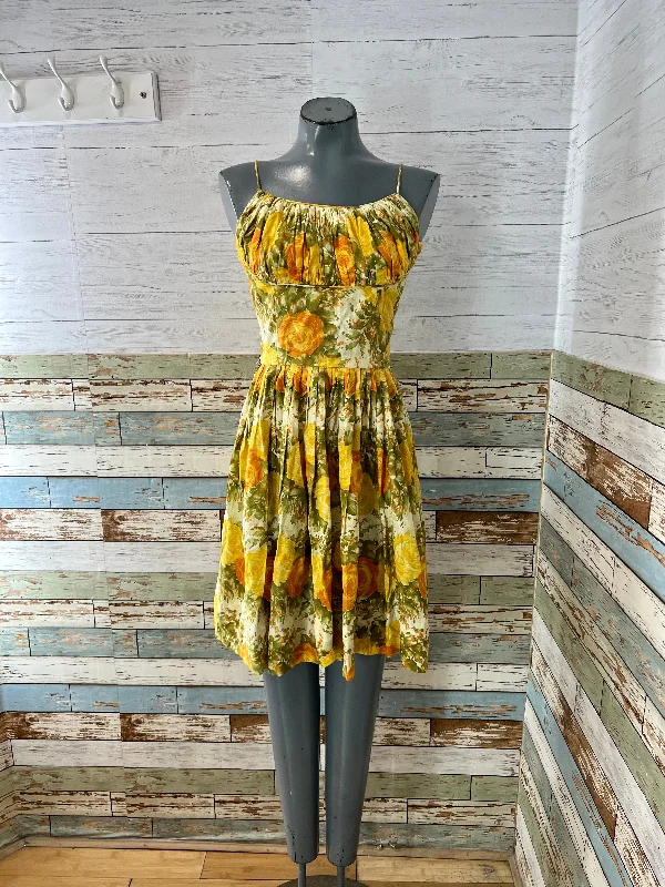 60’s Yellow & Green FlowerPrint Fit Flared Dress Tunics Canvas sturdy