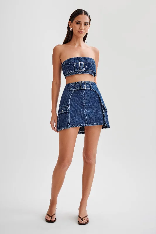 Rowena Denim Buckle Mini Skirt - Dark Blue spandex blend skirt