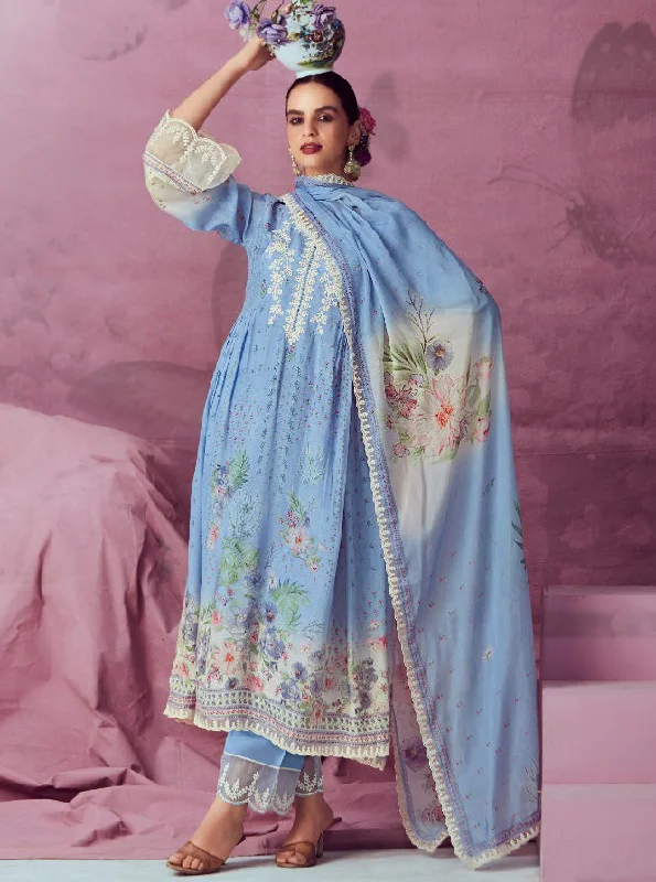 Kimora Pure Muslin Blue Unstitched Suit Dress Material with Embroidery Tunics Custom made