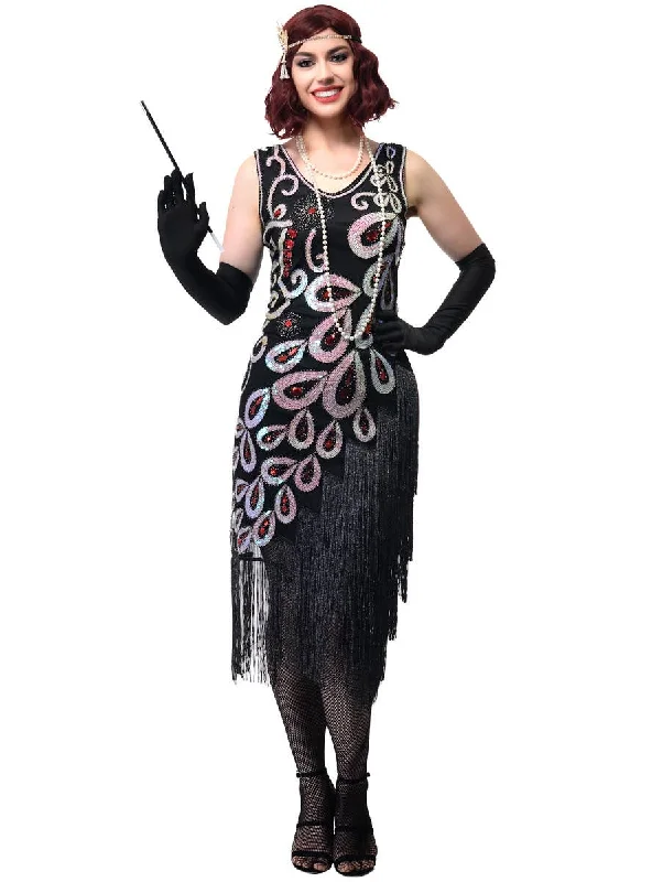 Sparkly Long Black Womens 1920s Dress with Asymmetrical Fringe Tunics Evening elegant