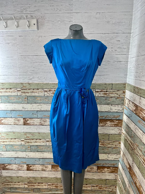 50’s Royal Blue Cap Sleeve With Waist Flower Details Dress Tunics Vintage classic
