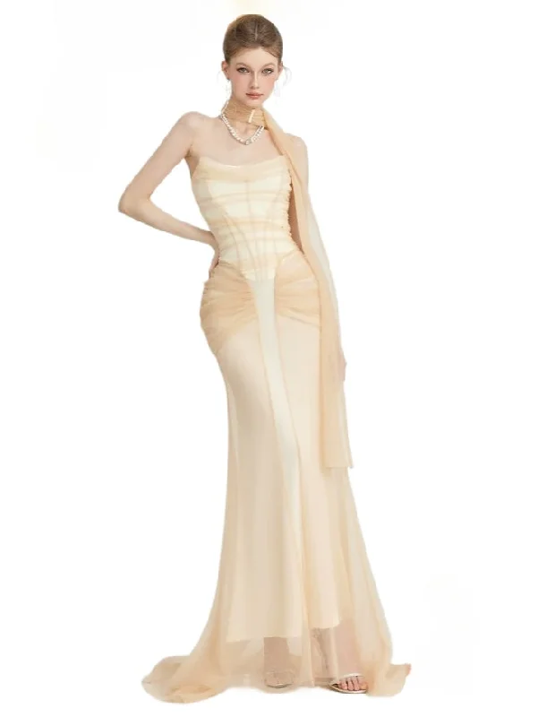 Black & Apricot Tulle Ruffled Slim-fit Strapless Dress Boatneck Modish Everyday