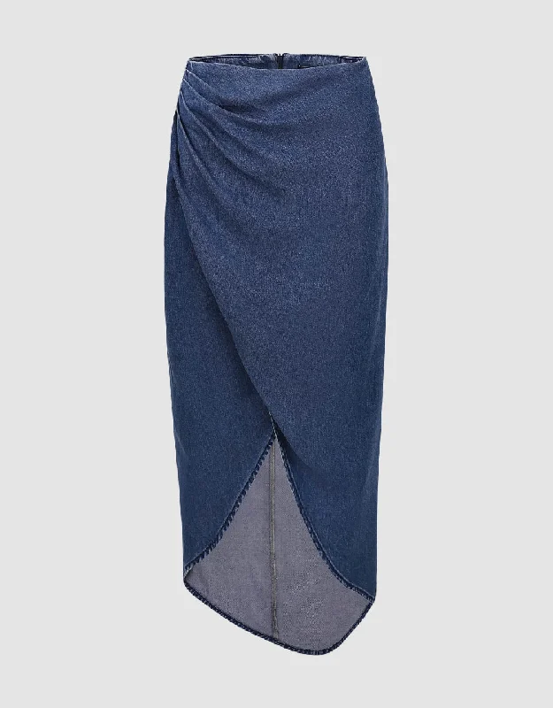 Wrapped Straight Midi Denim Skirt wool skirt sturdy