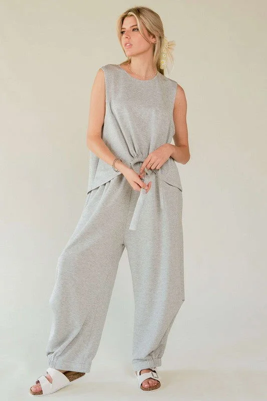 Davi & Dani Drawstring Hem Round Neck Tank and Pants Set In Grey casual tank top