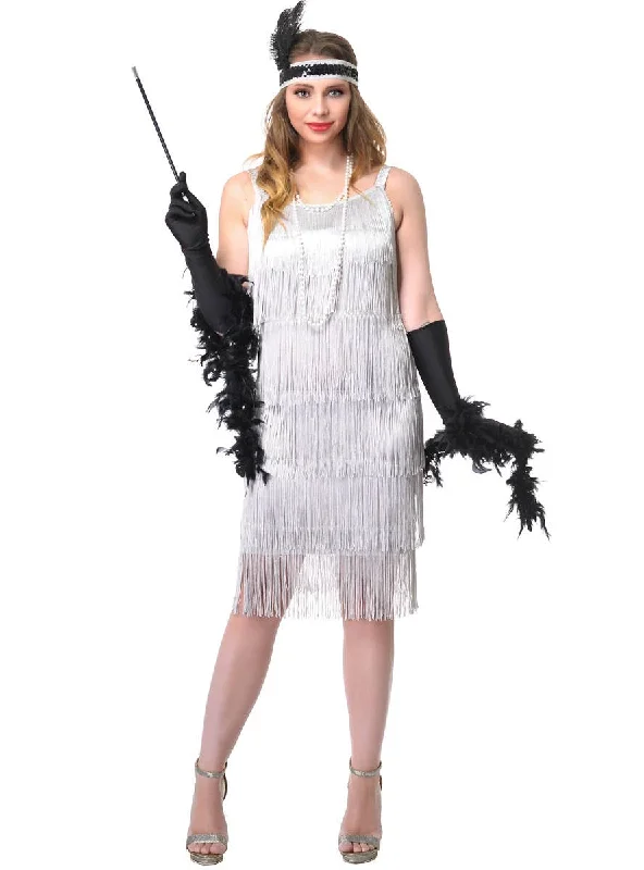 Ritzy Womens Silver Fringed 1920s Flapper Dress Costume Tunics Trendy modern