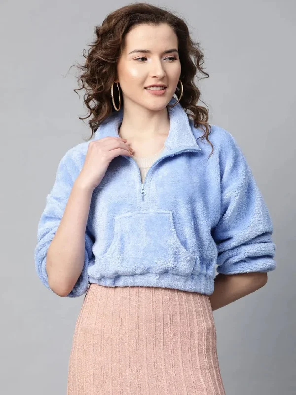 Blue Kangaroo Pocket Faux Fur Crop Sweatshirt Hoodie with Contrast Stitching Detailed Premium