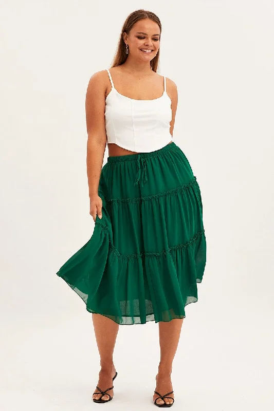 Green Midi Skirt Elastic Waist Chiffon Frill corduroy skirt cozy