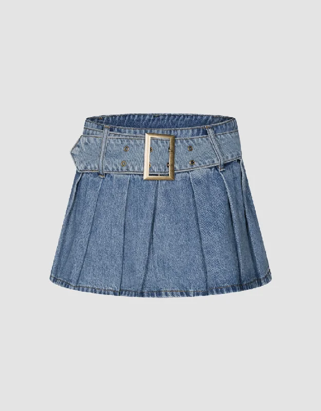 Pleated Mini A-Line Denim Skirt With Belt zip skirt side