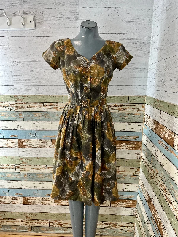 50’s Gray & Brown Multicolor Short Sleeve Fit & Flare Dress Tunics Winter warm