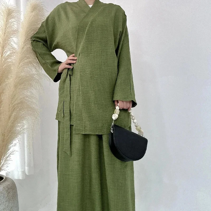 Plain Color Casual Lace Up Middle East Dubai Top And Skirt Suit Eid Abaya Jilbab Hijab Abaya for ArabWomen midi skirt versatile