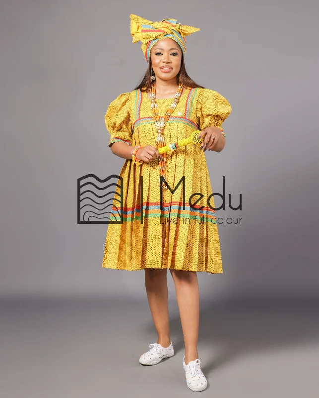 Kwena Pleated Yele Dress In Yellow Tunics Handmade artisanal
