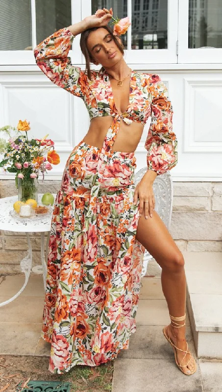 Women Clothing Tropical Floral Printed Chest Lace-up Short Long Sleeve Slit Hemline at Hem Large Swing Skirt Set cashmere skirt fine