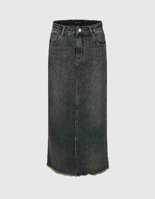 Raw Hem Midi Straight Denim Skirt velvet skirt glossy