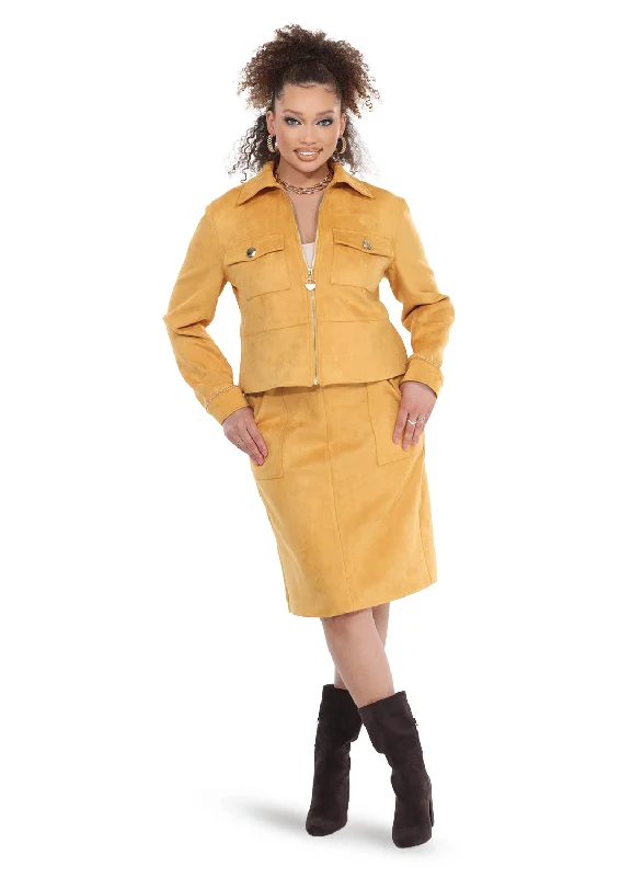 Love The Queen 17584 - Gold - 2 pc Faux Suede Zip Up Skirt Suit wool skirt warm