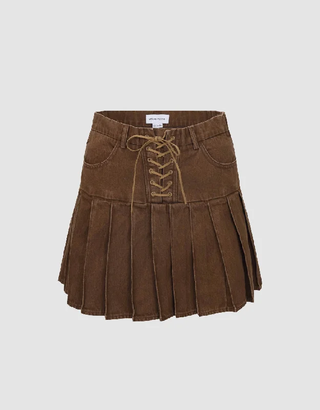 Lace Up Pleated Mini A-Line Denim Skirt silk skirt lustrous