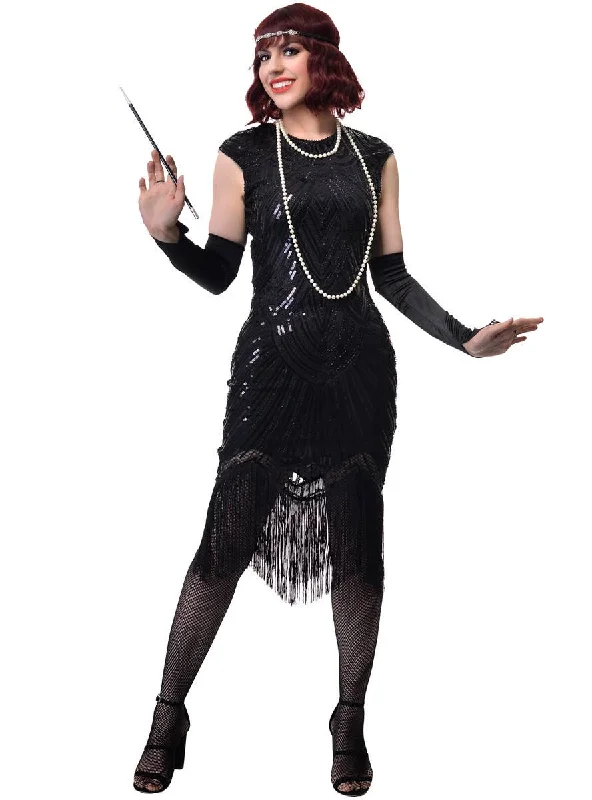 Shiny Black 1920s Womens Gatsby Dress Costume with Sequins Tunics Fleece cozy