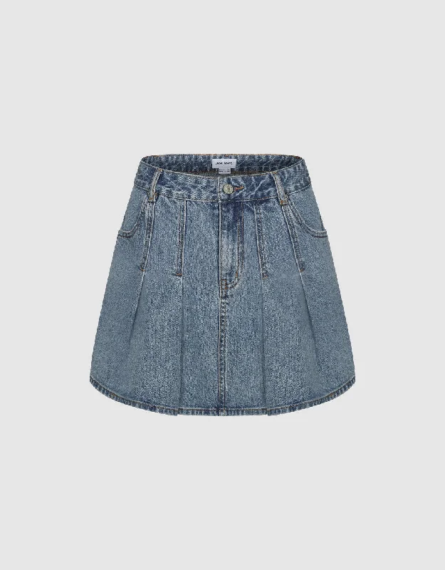 Pleated Mini A-Line Denim Skirt denim skirt casual