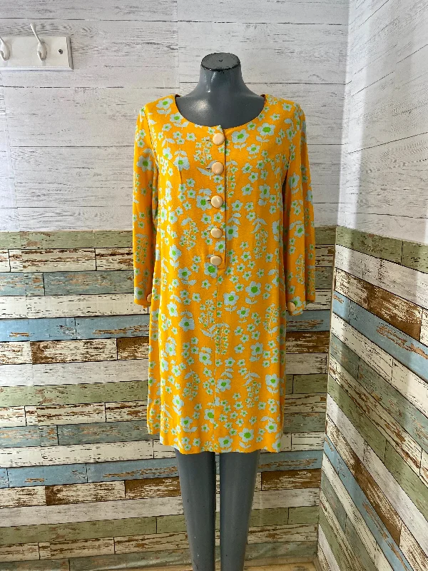 70’s Orange & Green Floral Print Long Sleeve Grove Dress Tunics Seasonal trendy