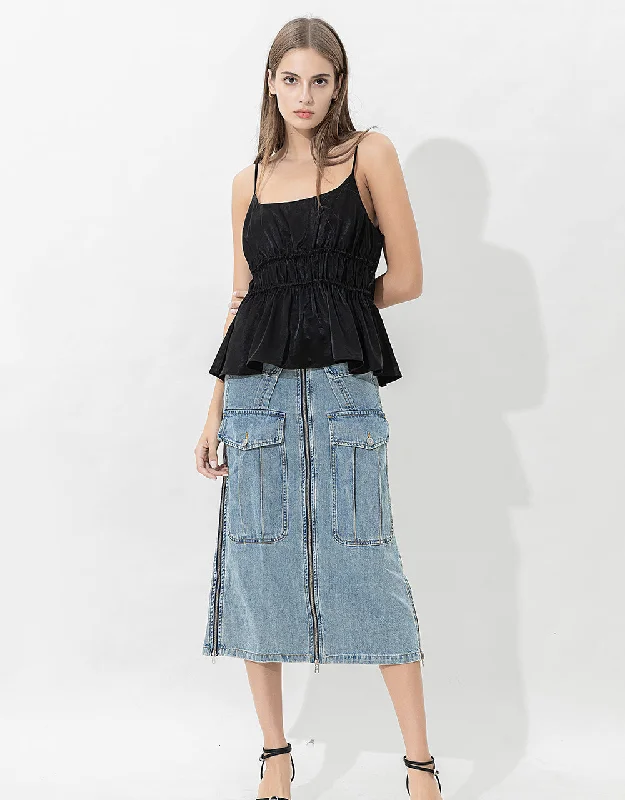 Multi-Pocket Straight Denim Skirt wool skirt thick