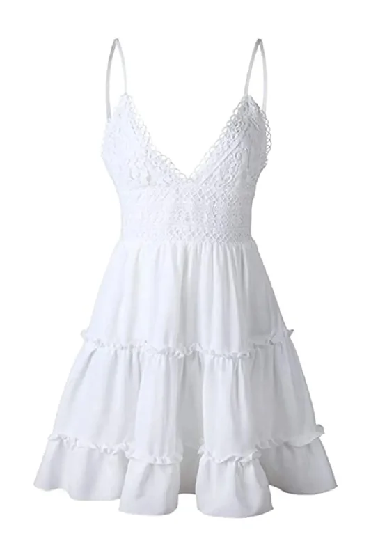 Capri Boho Lace V-Neck Dress - White Tunics Solid Classic