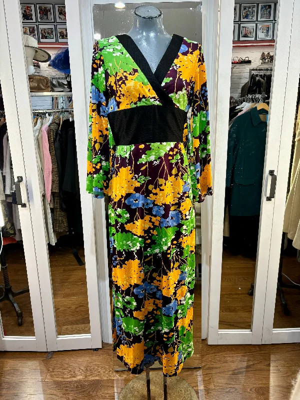 70’s Green & Yellow Long Sleeve Flower Print Dress Tunics Velvet soft