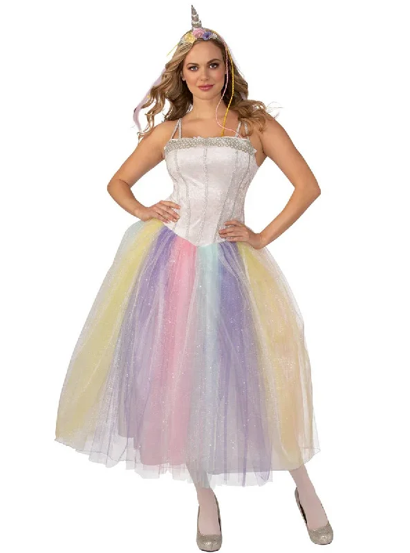 Unicorn Lady Womens Pastel Rainbow Fancy Dress Costume Halter Neckline Beach