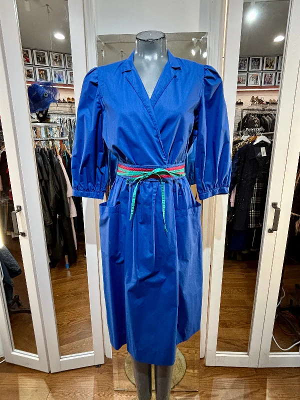 80’s Blue Double Wrap Top Dress With Multicolor Strap Belt Tunics Versatile stylish
