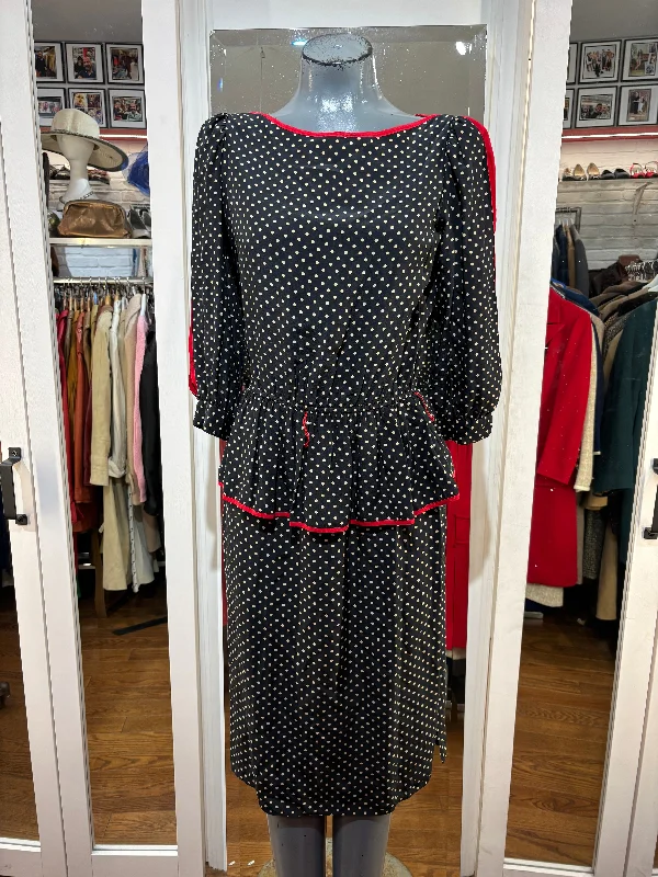 80’s Black Polka Dot Red Dress With Z Red Panels on Sleeves By Cassidy Tunics Office stylish
