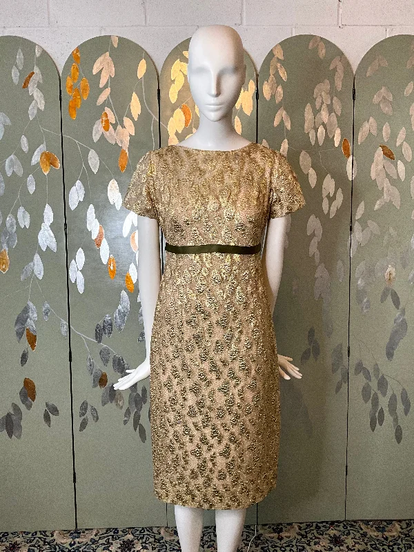 Vintage 1960s Gold Green Lurex Short Sleeve Net Dress, Medium Tunics Bridal satin