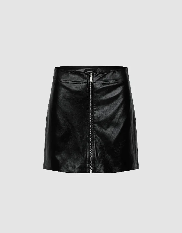 Zipper Front Vegan Leather Mini A-Line Skirt velvet skirt sumptuous