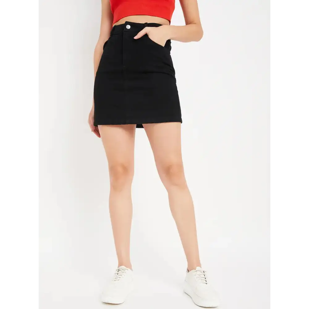 Drape and Dazzle Black Mini Skirt with Back Slit | Denim Skirt with 4 Pocket for Women velvet skirt glossy