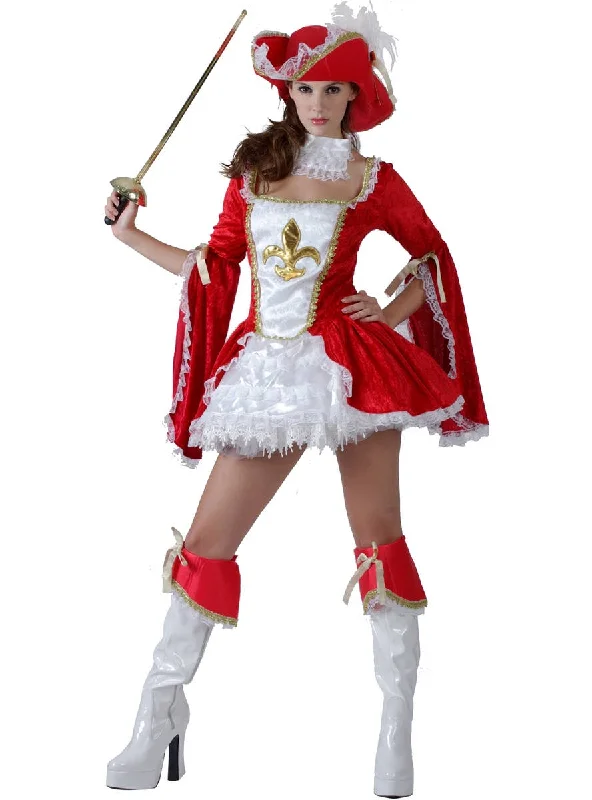 Sassy Red Deluxe Musketeer Womens Fancy Dress Costume Crew Neckline Casual