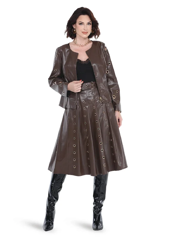 Love The Queen 17582 - Brown - Long Sleeve Faux Leather Zip Up Skirt Set with Grommets cashmere skirt soft