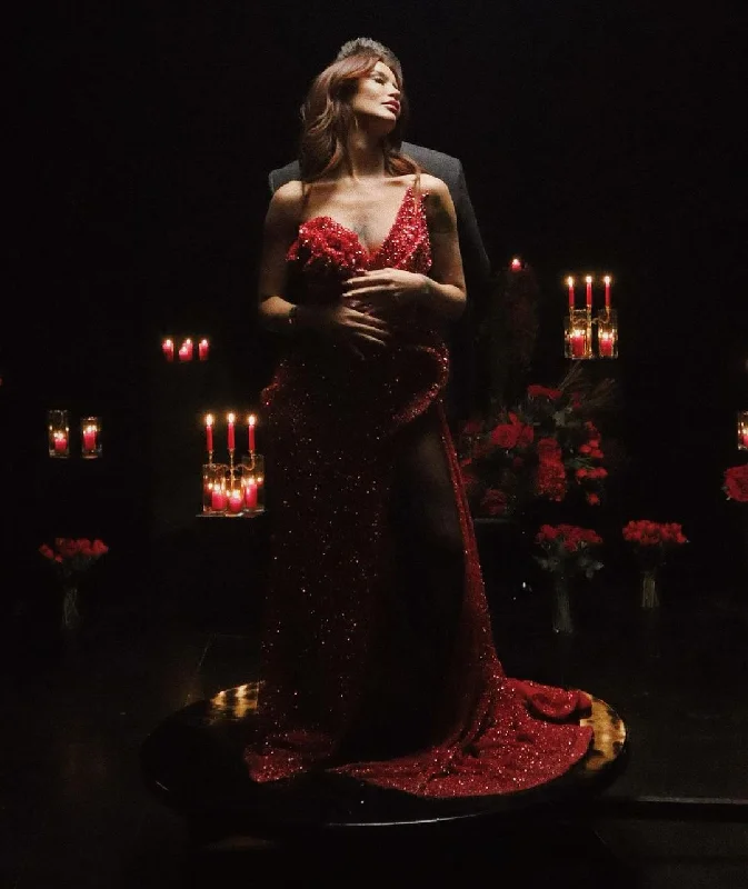 Dafina Zeqiri-RED SHIMMERING DRESS WITH SIDE SLIT Boatneck Modish Everyday
