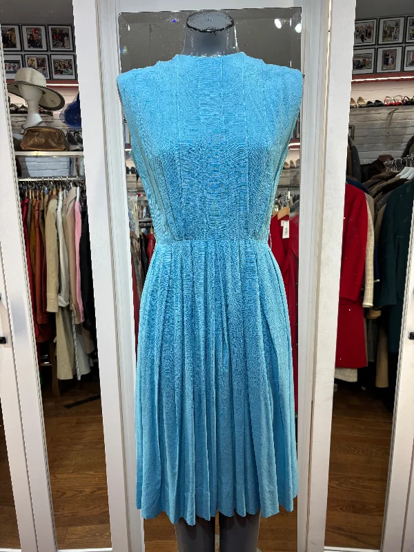 50s Light Blue Non Sleeve Fit & Flare Pleaded Dress Tunics Bridal satin