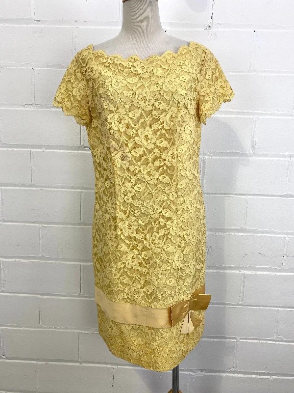 Vintage 1960s Yellow Lace Shift Dress with Bow, Large Tunics Review highly