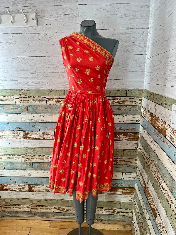 50’s Orange With Gold Embroidery One Shoulder Fit & Flare Dress Tunics Prom sequined 50’s Orange With Gold Embroidery One Shoulder Fit & Flare Dress Tunics Prom sequined