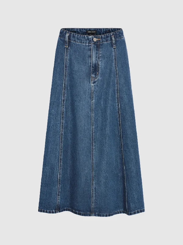 Midi A-Line Denim Skirt ruffled skirt detail