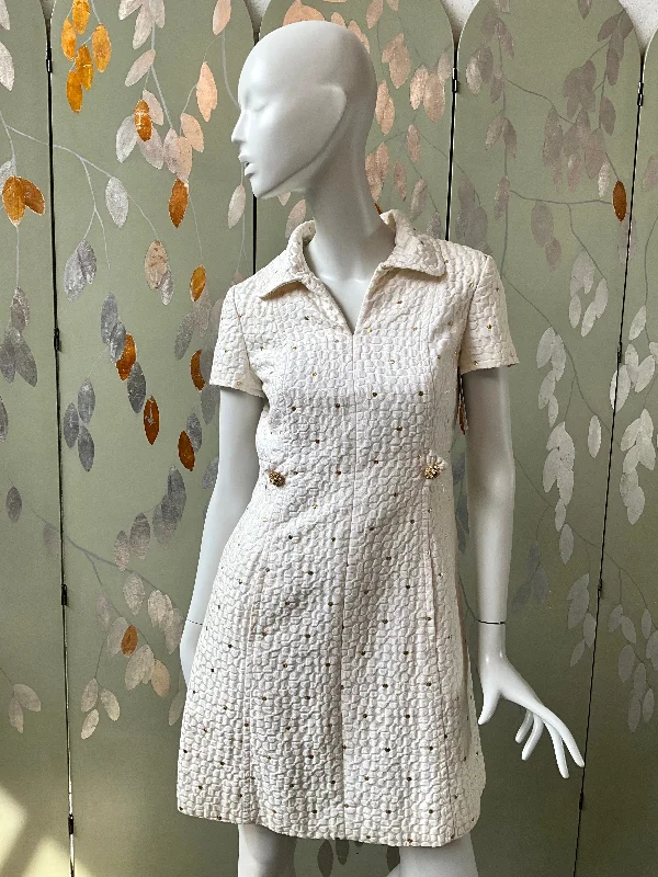 Vintage 1960s White and Gold Space Age Mod Dress, Small Tunics Prom sequined