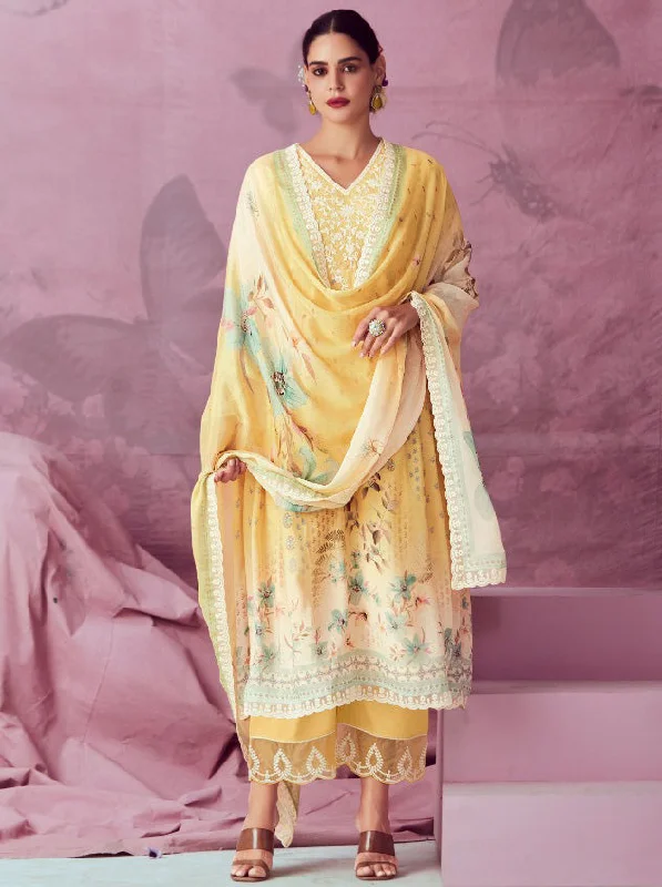 Kimora Pure Muslin Yellow Unstitched Suit Dress Material with Embroidery Tunics Designer luxury