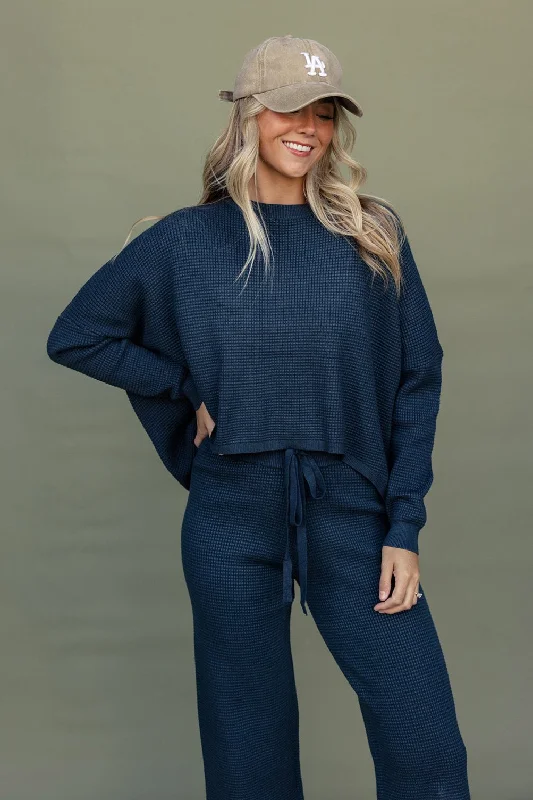 Blueberry Hill Waffle Knit Sweatshirt Hoodie with Hem Contrast Bold Stylish