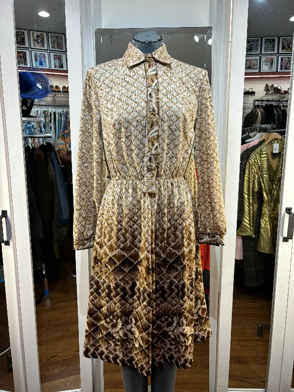 70’s Beige & Brown Sheer Long sleeve With Bow Collar Dress Tunics Denim casual