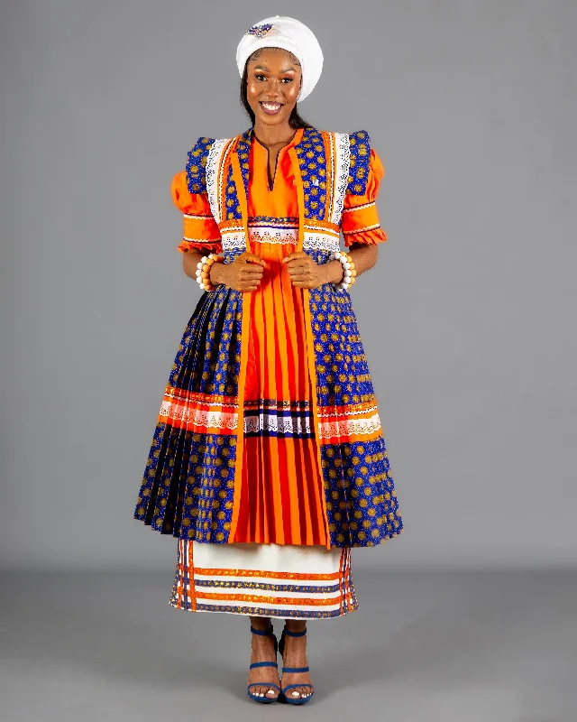 Mogoshadi Pleated Bridal Dress Set in Orange & Blue empire Waist empire