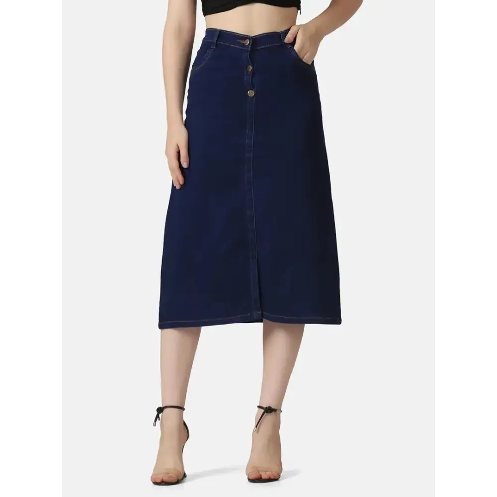 Dark Blue A-Line Below Knee Women Denim Skirt lace skirt elegant