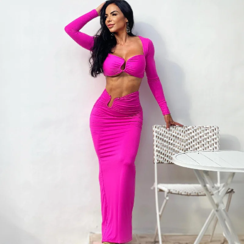 Women Clothing Summer Popular Sexy Bandeau Long Sleeve Back Slit Skirt Set wool skirt thick