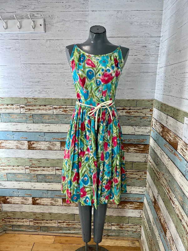 60’s Blue Multicolor Flower Print Fit and Flare Dress Tunics Fleece cozy